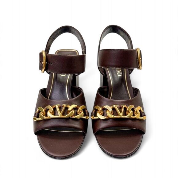 VALENTINO GARAVANI Brown Open Toe Gold VLogo Block Heel Sandals Size EU39 - Picture 5 of 16